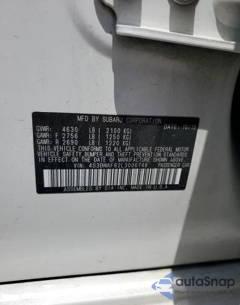 2020 Subaru Legacy Sport из США, поврежденный, VIN 4S3BWAF62L3006748